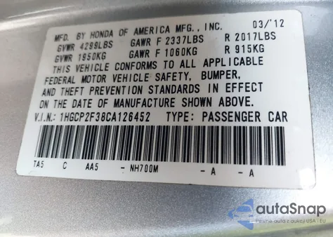 2012 Honda Accord 2.4 Lx z USA, uszkodzony, nr VIN 1HGCP2F38CA126452